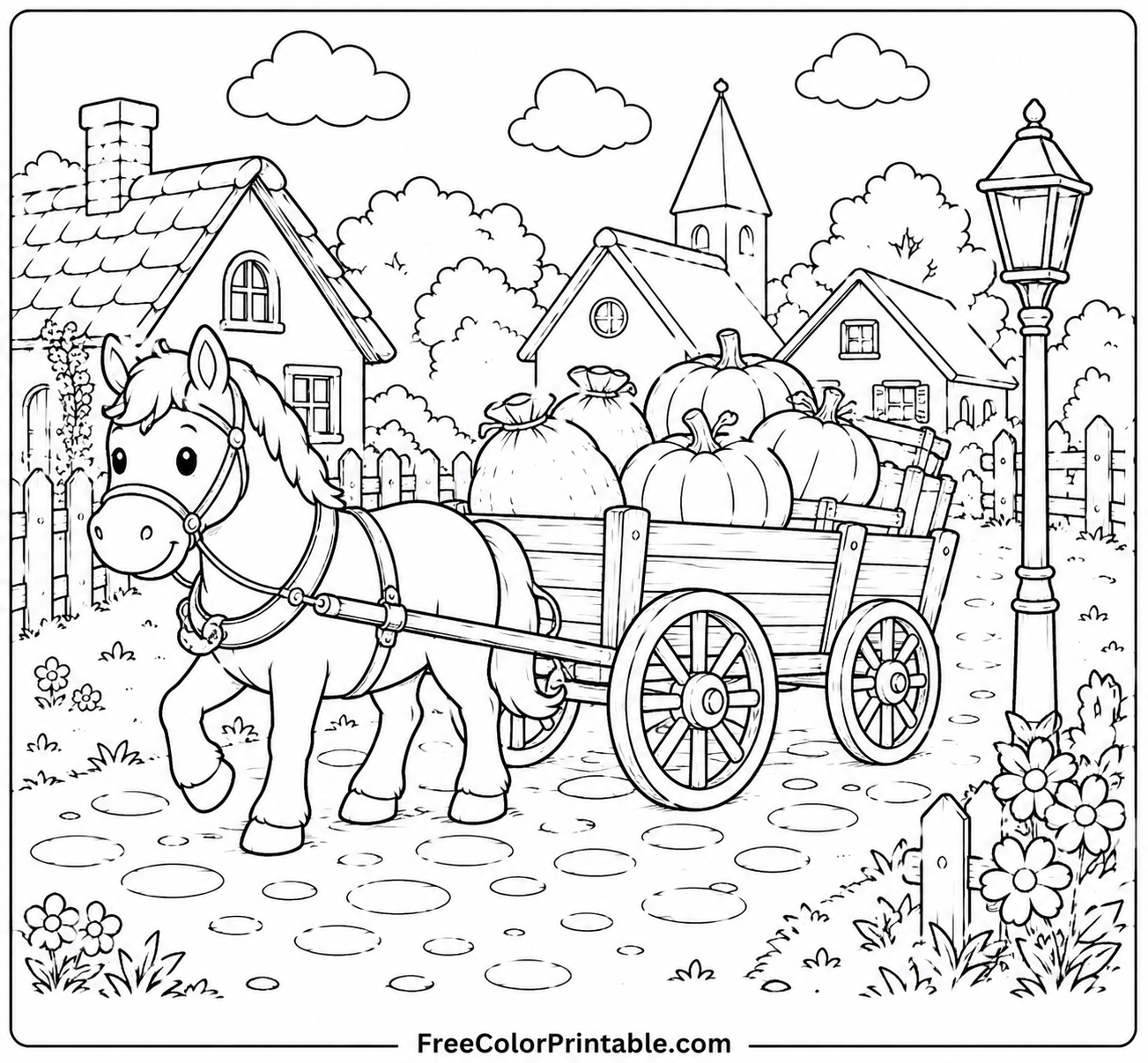 Village lane with horse Drawn cart Coloring Page — Free Printable — free printable coloring page